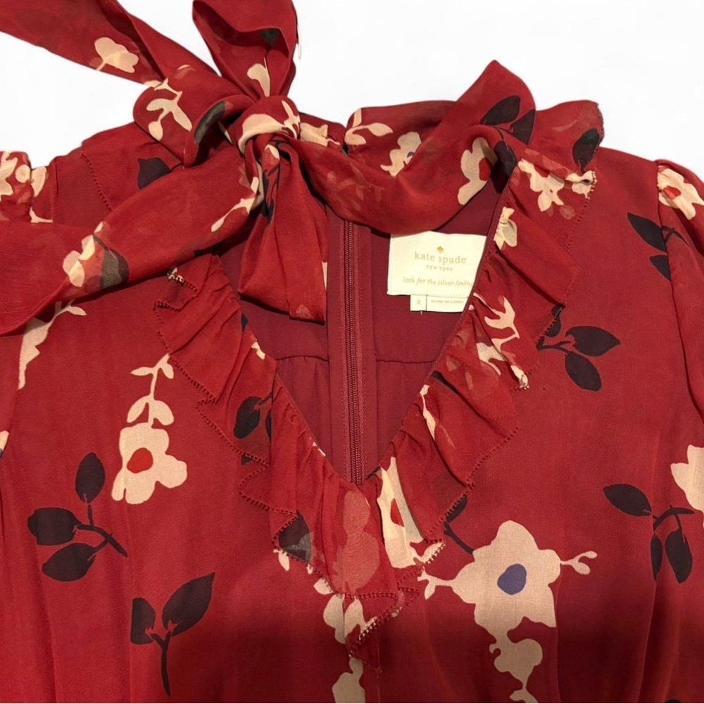 Kate Spade Red Floral Tiered silk Dress Bow Neck Romantic Size 2 - Picture 7 of 8